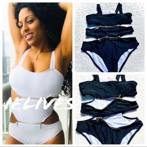 NWT Sexy Sultry Black Gold Zipper Cut Out One Piece Swimsuit